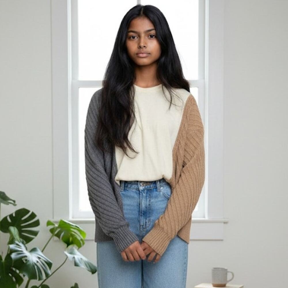 Hem & Thread Sweater Womens S Scandi Girl Boho Chunky Knit Colorblock Oatmeal